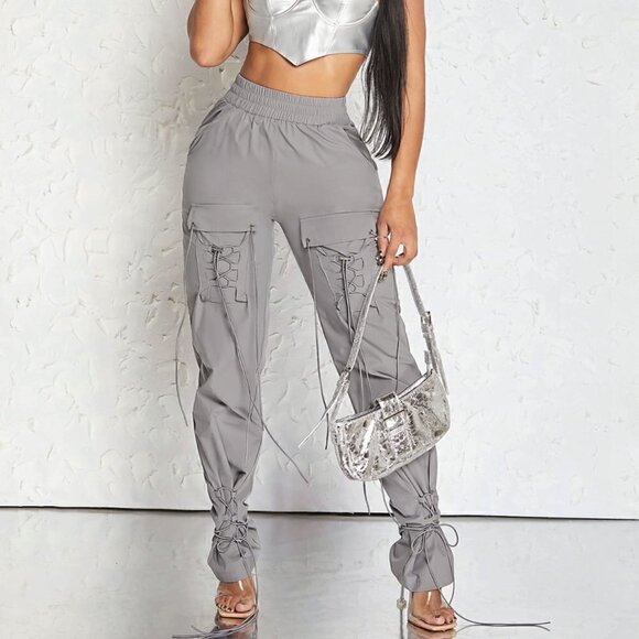 Grey Casual Womens Flap Pocket Side Drawstring Hem Cargo Pants - Picture 1 of 5